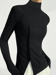 Long Sleeves Solid Color Split-Joint High Neck T-Shirt  Product DescriptionMaterial : 95% Polyester,5%SpandexStyle : SkinnyFeature : Split-joint,Solid ColorNeckline : High NeckOccasion : Casual,UrbanSeasons : Spring,AutumnType : T-shirtsColor : BLACKSize : S,M,L,XL,2XLPlease consult the size chart we provide for this item's measurements to help you decide which size to buy.Please note: There may be 1-3cm differ due to manual measurement. Woman Fashion 2024, Trendy Fall Outfits For Women, One Sleeve Shirt, Dramatic Fashion, Boots Outfit Ankle, Basic T Shirts, Black And White Blouse, Women Shirts Blouse, Summer Fashion Outfits