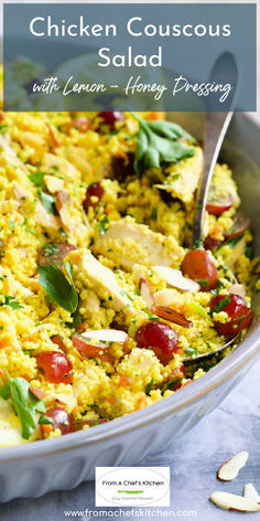 Chicken Couscous Salad in blue bowl garnished with sliced almonds.