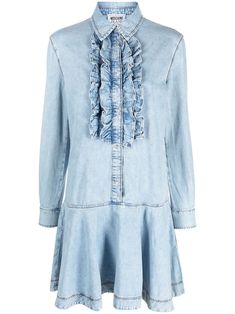 blue cotton denim ruffled detailing spread collar front button fastening long sleeves buttoned cuffs flared straight hem thigh-length Moschino Jeans, Denim Details, Vestido Casual, Dress Blue, Moschino, Denim Dress, Day Dresses, Blue Dresses, Dress Outfits