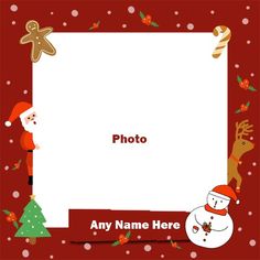 a christmas photo frame with santa claus and snowman in the corner, on red background