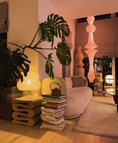 a living room filled with lots of furniture and a large plant in the middle of it