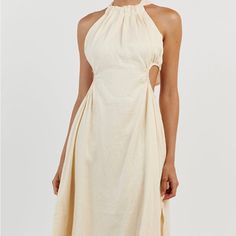 Dissh Butter Linen Midi Dress Size 4 Never Worn; New Elegant Halter Neck Sundress For Garden Party, Elegant Beige Halter Dress For The Beach, Elegant Beige Halter Dress For Beach, Elegant A-line Halter Dress For Vacation, Beige Halter Neck Midi Dress For Day Out, Elegant Beige Sundress For Brunch, Beige Backless Midi Dress For Brunch, Beige Halter Neck Sundress For Brunch, Elegant Beige Maxi Sundress