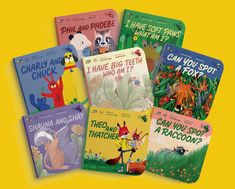 several children's books on yellow background