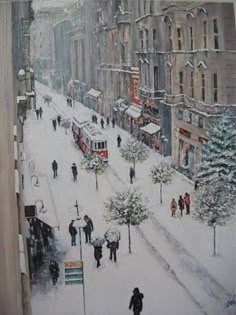 a painting of people walking in the snow on a city street with buildings and trees