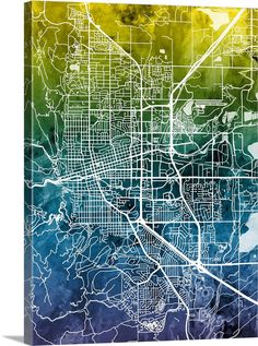 a map of the city of denver, colorado in blue and yellow watercolors