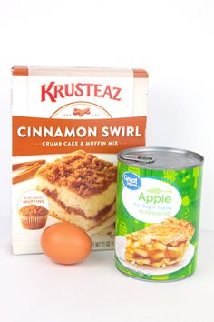 ingredients for cinnamon swirl cake and muffin mix displayed on white table with canister