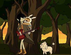 an animated image of a man and woman in the woods with a dog standing next to them