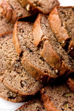 slices of banana nut bread on a white plate