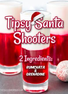 two shot glasses filled with red liquid and candy canes in front of the caption tipsy santa shooters