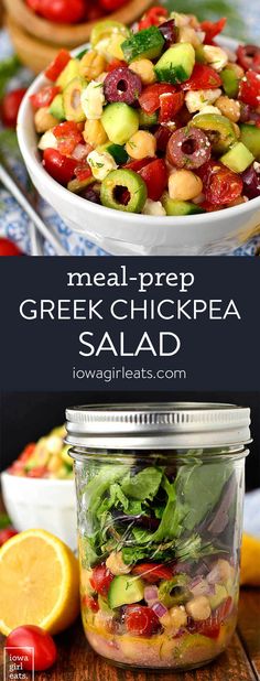 greek salad in a glass jar with lemons and tomatoes