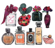 an illustration of chanel perfumes with flowers and ladybugs on them, all in different colors