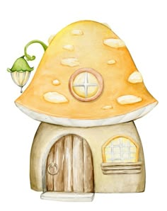 a watercolor painting of a mushroom house with a bird on the roof and door