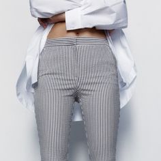 Zara Striped Drawstring Jogging Pants Stretch Striped High-waisted Pants, Stretch Striped Straight Pants, Striped Stretch Trousers, Stretch Striped Trousers, Chic Striped Stretch Bottoms, Striped Stretch Ankle-length Bottoms, Striped Stretch Ankle-length Pants, White Stretch Leggings For Work, Stretch White Leggings For Workwear