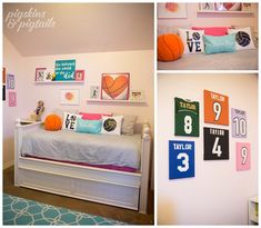 this is a collage of photos with basketballs on the wall and bedding