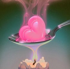 a spoon with two hearts floating on top of it in front of a sky background