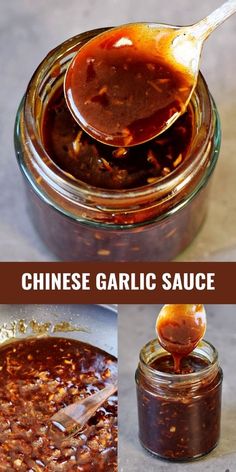 chinese sauce in a glass jar with spoons and other ingredients to make the sauce