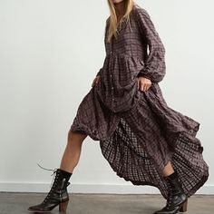 Nwt Size Is Xs But Runs Big Button Down Maxi Dress In Purple (Off Beat) Has Puffsleeves First 2 Stock Pictures Are For Body Reference The Actual Dress Is Purple! Dress Comes With Matching Purple Slip Underneath Chelsea Boot Maxi Dress, Midi Dress With Boots Maxi, Ankle Boots With Dress Maxi, Boots To Wear With Dresses Maxi, Long Dress Ans Boots, Winter Boho Dress With Boots, Maxi Dress With Booties Fall, Boots For Maxi Dress, Cotton Button-up Maxi Dress For Fall