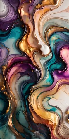 an abstract painting with gold, purple and blue colors on it's surface stock photo