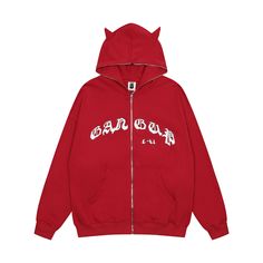 Size: L, Color: Red Y2k Long Sleeve, Clothing Details, Hooded Cardigan, Oversized Style, Red Hoodie, Vintage Streetwear, Print Pullover, Zip Up Hoodie, Letter Print