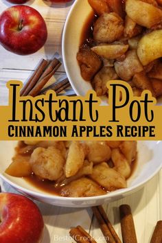 an image of instant pot cinnamon apples recipe with apple slices and cinnamon sticks on the side