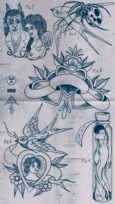 an old school tattoo design is shown in blue ink, with images of women and birds