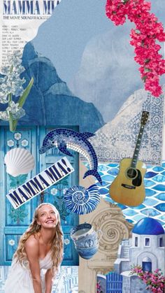 a collage of many different items including a woman in white dress and blue background