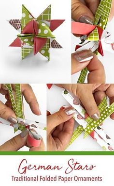 the instructions for how to make an origami star from folded paper ornaments are shown