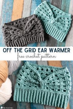 two crocheted hats with text overlay that says, off the grid ear warmer free crochet pattern