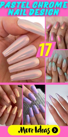 Elevate your nail aesthetic with the captivating charm of pastel chrome nails that redefine elegance. Experiment with a plethora of designs, ranging from soft pink to delicate purple shades. Whether you opt for almond, square, or stiletto nail shapes, pastel chrome nails offer a unique canvas to express your creativity and style. Pastel Chrome Nails, Pastel Pink Shades, Chrome Designs, Blue Chrome Nails, Nail Aesthetic, Pink Chrome Nails