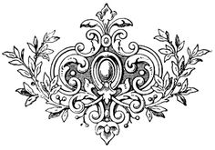 an ornate design in black and white with leaves on the bottom, vintage line drawing or engraving