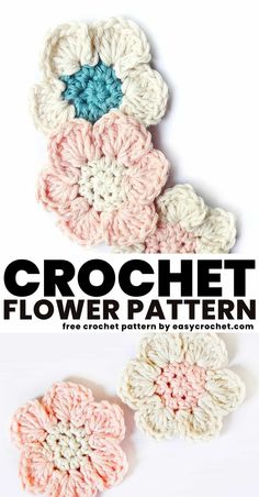 the crochet flower pattern is shown in three different colors