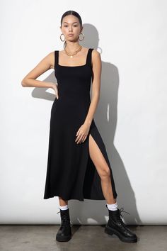 Jane Black Modal Square Neck Midi-Dress | Parva Studios Square Dress Outfit, Square Dress Neckline, Midi Black Dress Outfit, Basic Dress Outfit, Simple Black Dress Outfit, Tank Dress Outfit, Black Square Neck Dress, Black Midi Dress Outfit, Minimalistic Dress