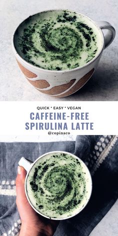 a cup of coffee with green liquid in it and the words caffeine - free spirula latte