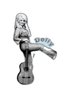 a woman sitting on top of a guitar with the words dolly painted on it's body