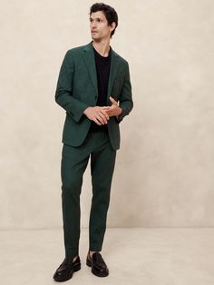 Tailored-Fit Linen-Blend Trouser | Banana Republic Factory Mens Work Suits, Mens Wedding Attire Fall, Mens Fall Cocktail Attire, Mens Formal Wedding Attire, Mens Cocktail Attire Wedding Guest, Men’s Cocktail Attire, Dark Green Suit Men, Mens Homecoming Outfits, Green Linen Suit