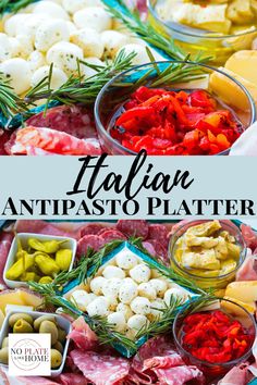 italian antipasto platter with olives, peppers, and cheese in bowls