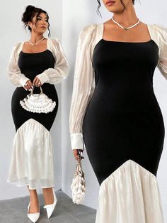 Plus Size Women Square Neck Long Sleeve Color Block Fishtail Dress, Elegant Multicolor Elegant  Long Sleeve Fabric Colorblock Fitted Slight Stretch  Women Plus Clothing, size features are:Bust: ,Length: ,Sleeve Length: Hollywood Vanity, Curling Hair With Wand, Square Neck Long Sleeve, Fishtail Dress, Flared Leggings, Loose Dress, Dress Elegant, Plus Size Dress, Decoration Design