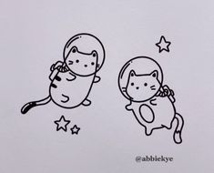 a drawing of two cats in space, one is holding the other's back