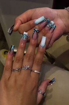 Black White And Blue Nails, Blue Freestyle Nail Designs, Hello Kitty Nails Acrylic Blue, Blue Nail Designs With Charms, Blue Short Nails Ideas, Blue Freestyle Nails, Over The Top Nails, Light Blue Freestyle Nails, Blue Nail Inspo Acrylic