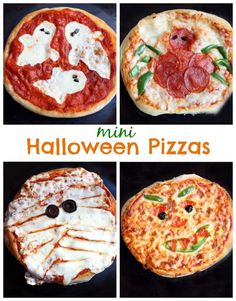 four different pizzas with toppings on them and the words mini halloween pizzas