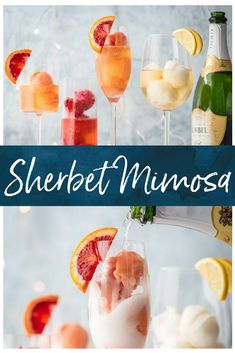 there are many different types of drinks being poured into wine glasses with the words sherbet minnesota above them