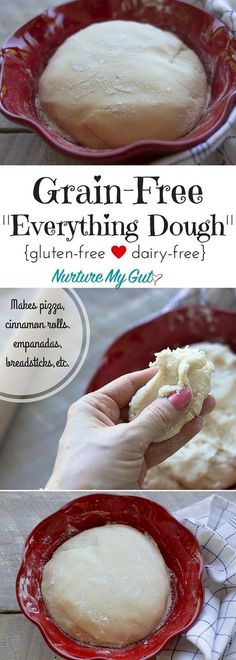 a person holding a piece of bread over a red plate with the words grain - free everything dough on it