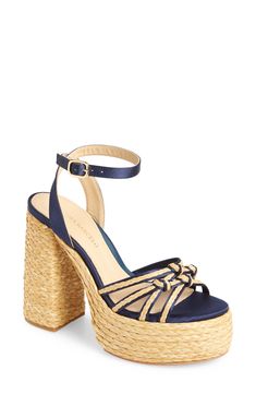 Soft indigo satin and braided raffia distinguish this elegant platform sandal with knotted vamp straps and a nonslip sole. 5 heel, 2" platform (size 39) Adjustable ankle strap with buckle closure Textile and raffia upper/leather lining/leather and synthetic sole Made in Spain Designer Shoes Straw Ankle Strap Sandals For Party, Ankle Strap Straw Sandals For Party, Straw Ankle Strap Heels For Party, Party Sandals With Ankle Strap In Straw, Party Ankle Strap Straw Sandals, Party Heels With Woven Straw Sole, Party High Heel Straw Heels, Paloma Barcelo, Fabric Gift Bags