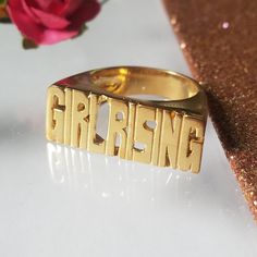 Modern Block letter name ring in 14k solid gold is a perfect statement ring for you or gift for your loved one, Best friend and so many other gift possibilities. Yes Modern block letter ring is Unisex. Sample of words: SEPARATE HANDS OR ONE FINGER 1.LOVE YOU. 2.PEACE LOVE 3.MEN NAME 3.YOUR NAME and many more....( contact me for more info) *COLOR* White gold 14k. Yellow gold 14k. Pink gold 14k. *SIZES* NAME 3/4'' to 1 '' depends on the name it is going to be adjusted accordingly by the ring size. Name Rings Personalized, One Best Friend, Gold Initial Ring, One Finger, Mens Ring Sizes, Name Ring, Letter Ring, Name Rings, Chunky Jewelry