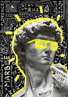 a black and white poster with yellow glasses on it's face in front of an image of a statue