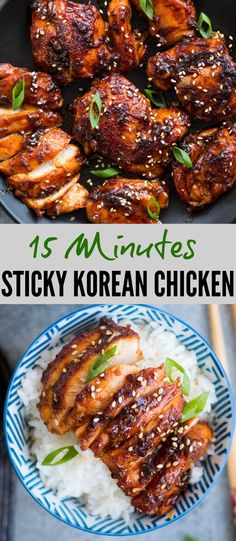 chicken with sauce and rice on the side is featured in this collage for 15 minutes sticky korean chicken