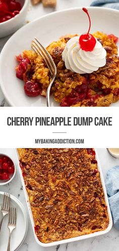 cherry pineapple dump cake on a white plate with a fork and bowl of cherries