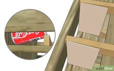 a close up of a wooden chair with a soda can in the back pocket and an image of wood slats behind it