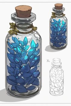 two glass jars with blue leaves in them