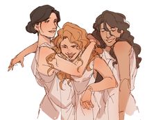 three women in white dresses hugging each other with one arm around the other's shoulder